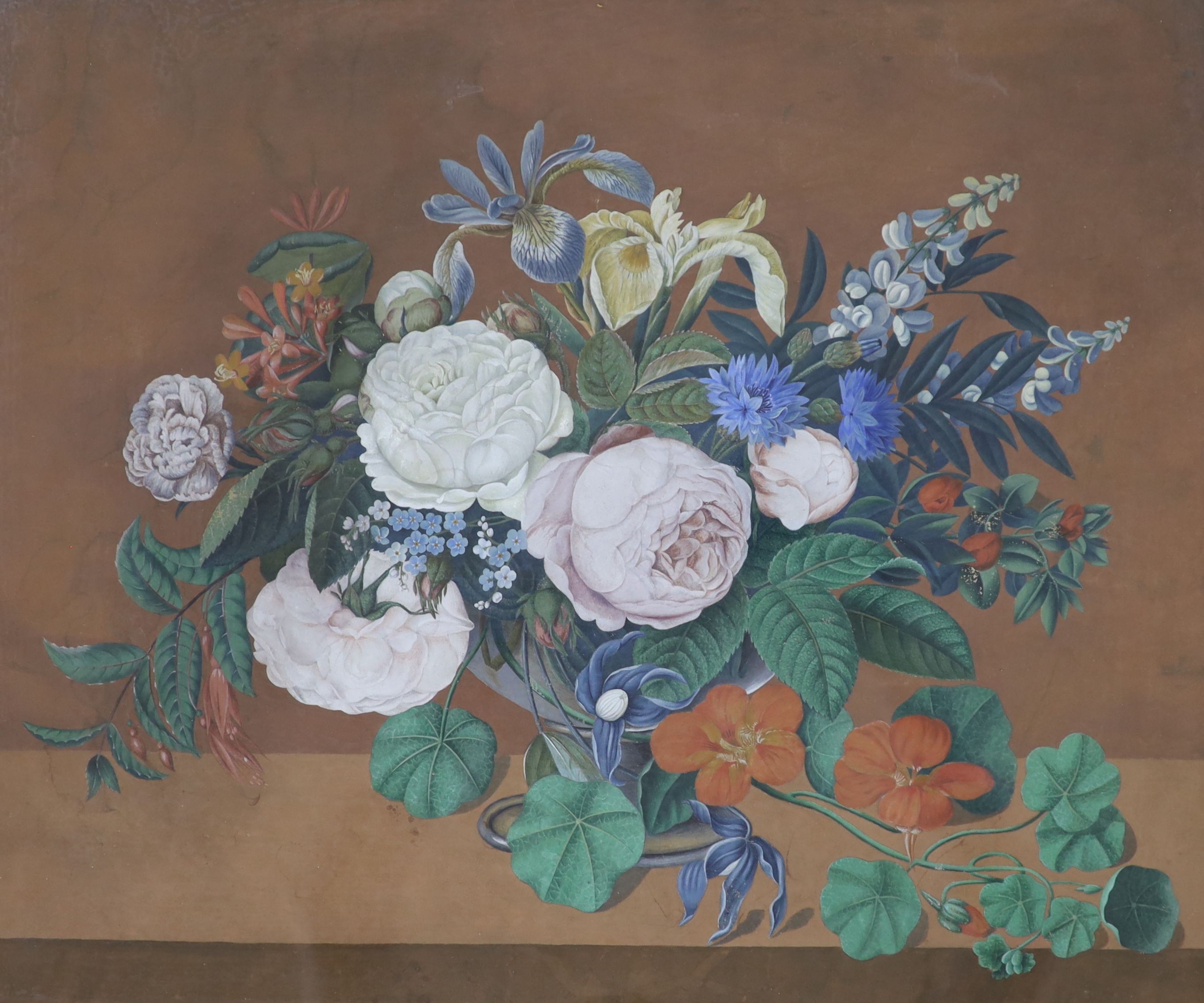 Victorian School, watercolour on paper, Still life of flowers in a glass bowl, 40 x 47cm